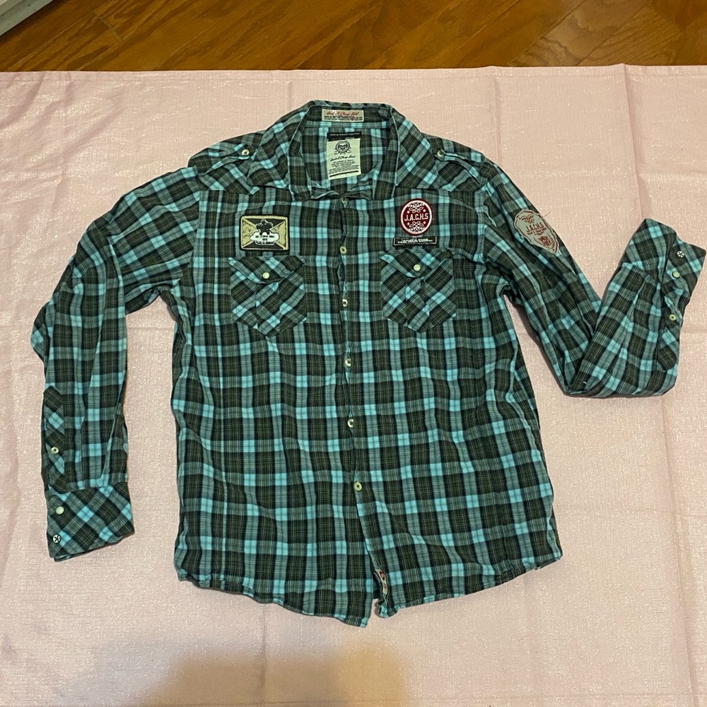 Jachs Teal and Black Plaid Button Down Shirt